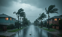 Heavy rain and wind on a suburban street for NQ Homewise after-hours emergency repairs