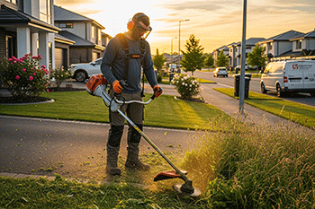 Tradesman using a grass trimmer for professional yard maintenance and lawn care services in Mackay
